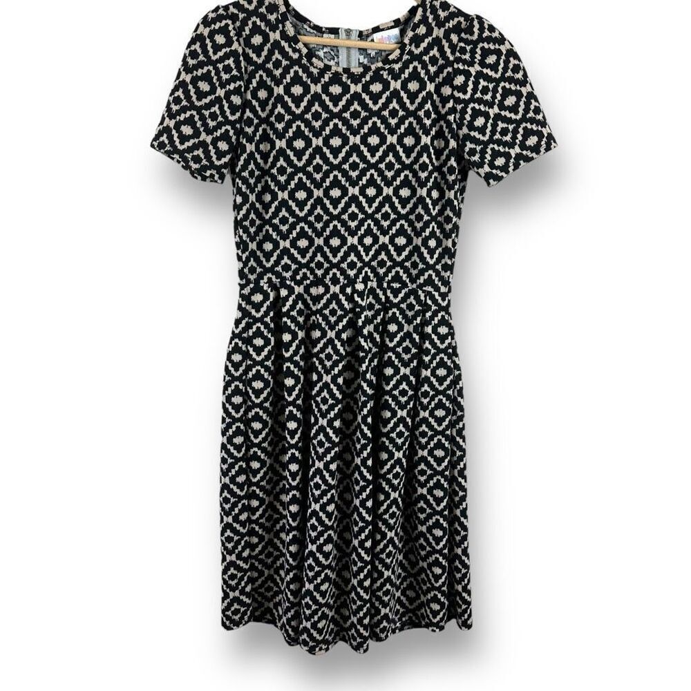 LuLaRoe Women's S Amelia Fit & Flare Midi Dress Ikat Geometric Print Black Cream